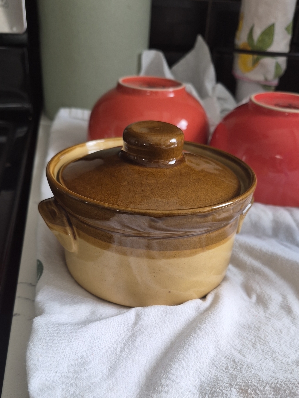 Two-Tone Ceramic Covered Casserole — Brown and Tan